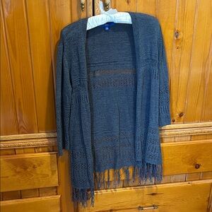 Open-Front Fringe Knit Cardigan Sweater, 3/4 sleeves